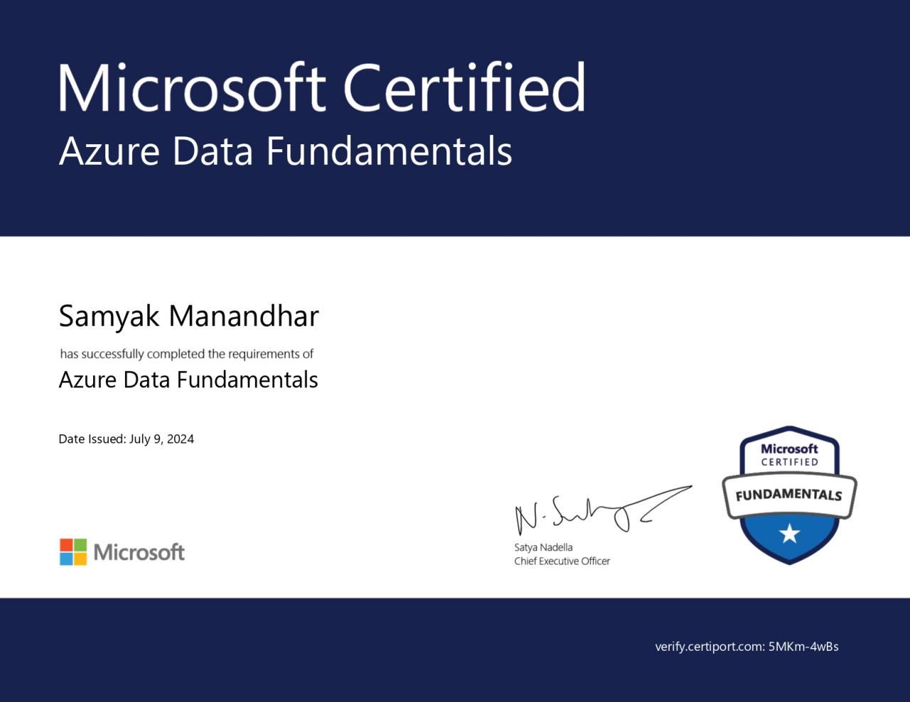 Microsoft Certified: Azure Data Fundamentals badge