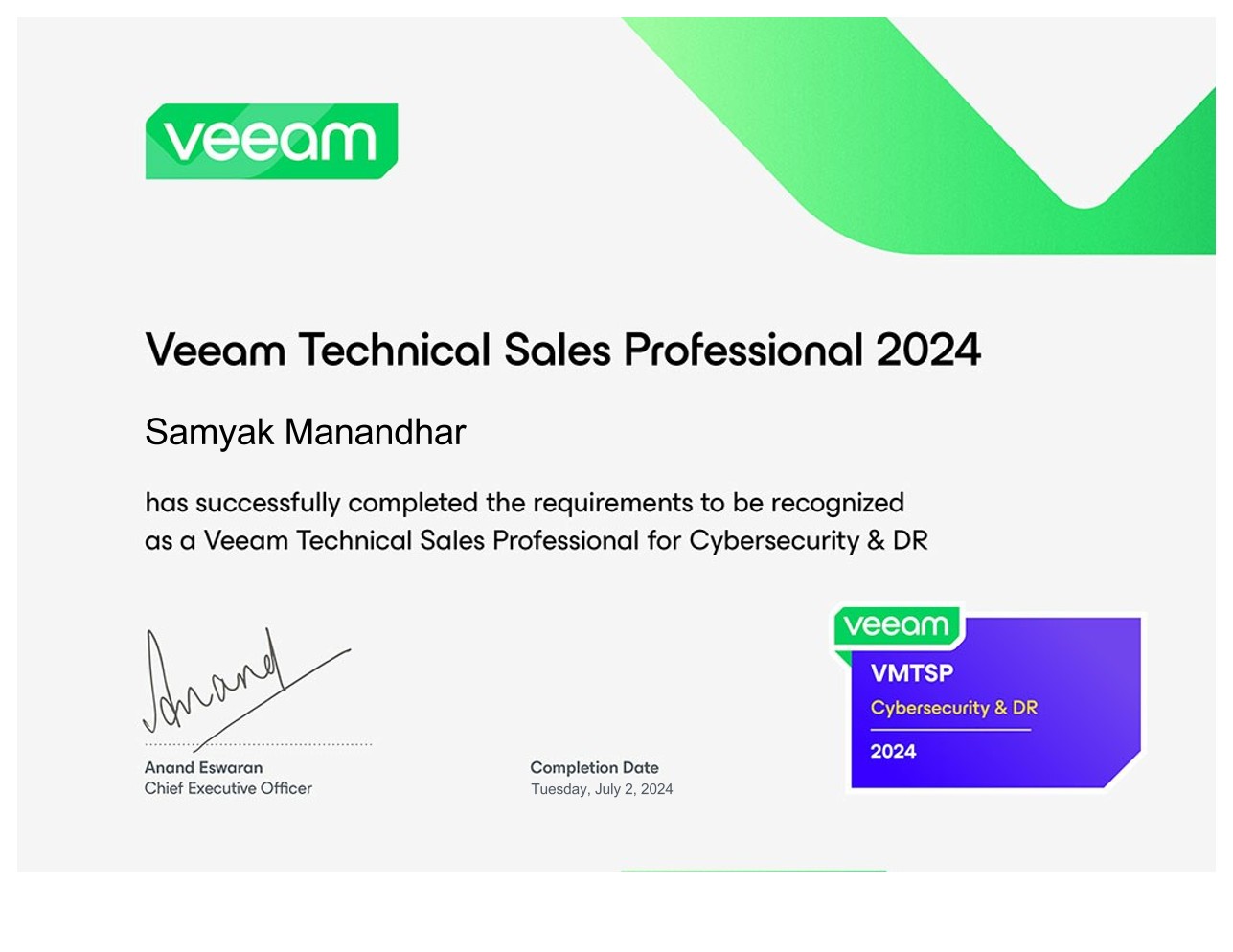 Veeam Technical Sales Professional for Cybersecurity and Disaster Recovery badge