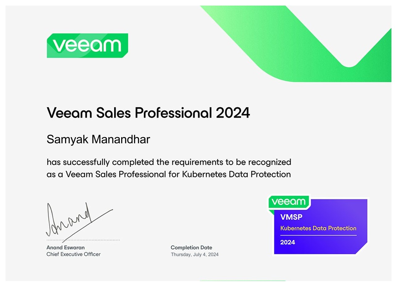 Veeam Sales Professional for Kubernetes Data Protection badge